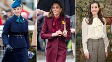 A composite of three pictures of Zara Tindall, the Princess of Wales and Queen Letizia of Spain, all wearing pussybow blouses on different occasions