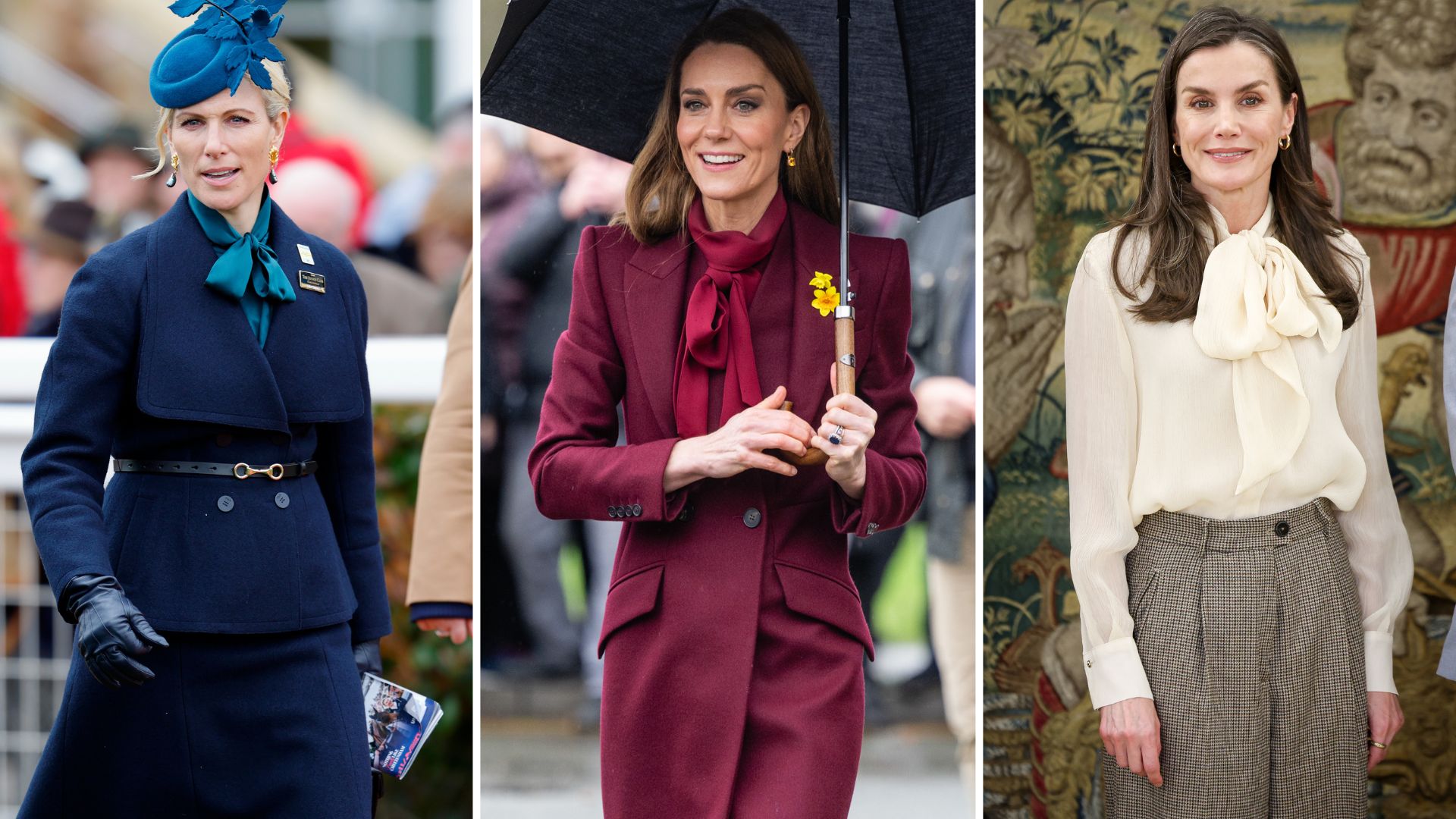 A composite of three pictures of Zara Tindall, the Princess of Wales and Queen Letizia of Spain, all wearing pussybow blouses on different occasions