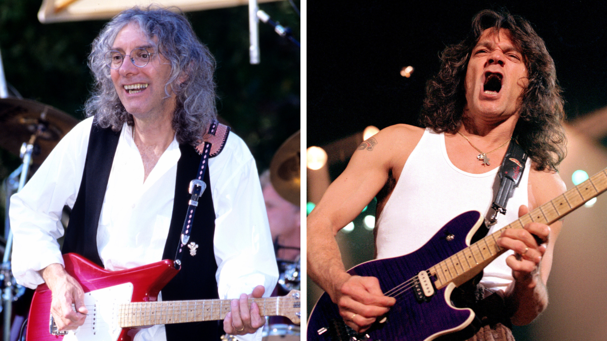 Left&ndash;Albert Lee performs with The Everly Brothers at Villa Montalvo on July 30, 1995 in Saratoga, California; Right&ndash;Eddie Van Halen during Van Halen III Live in Chicago at Rosemont Horizon