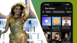 An image of Beyonce performing at a concert next to a smartphone with a Spotify Library page