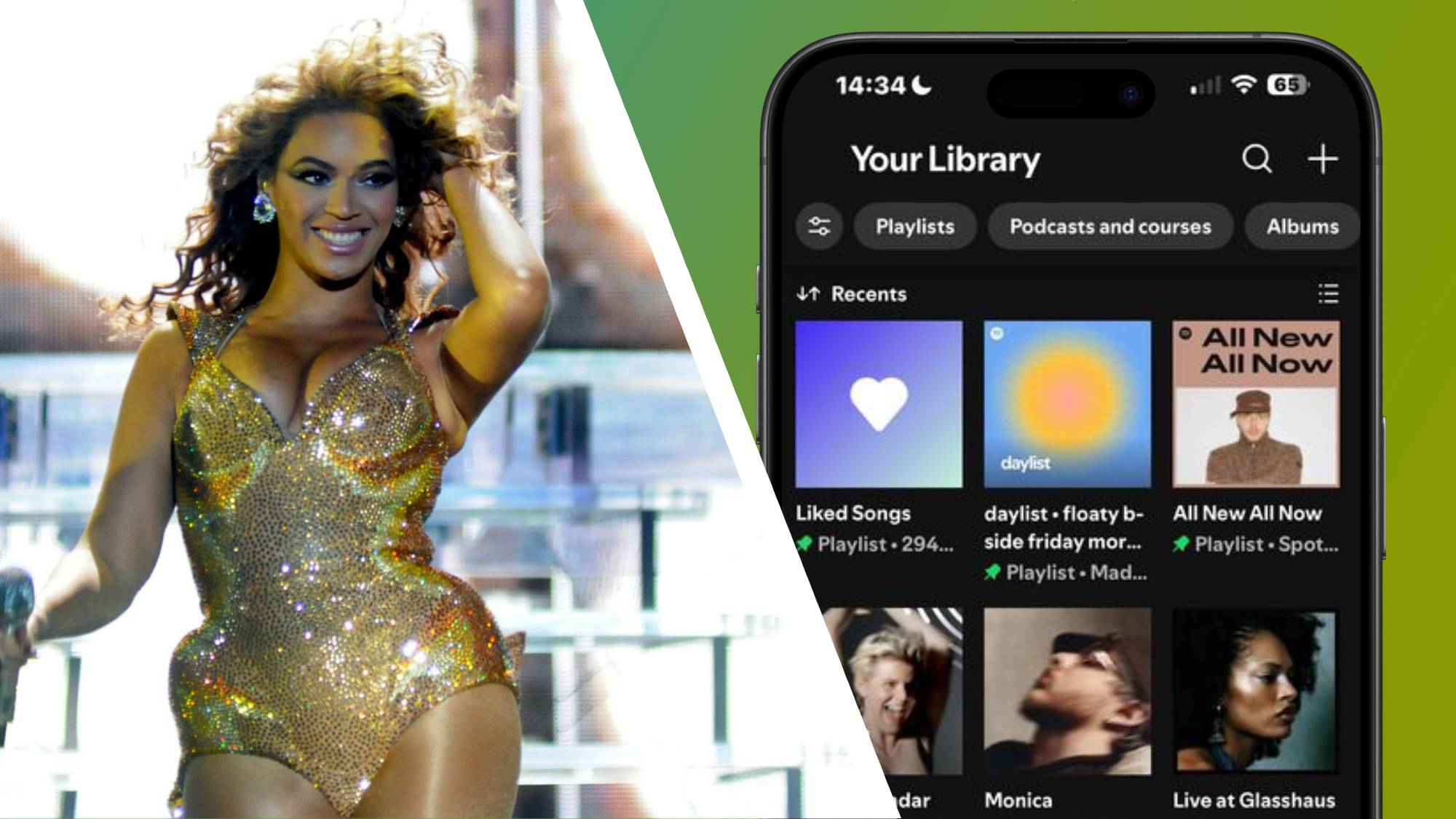 An image of Beyonce performing at a concert next to a smartphone with a Spotify Library page