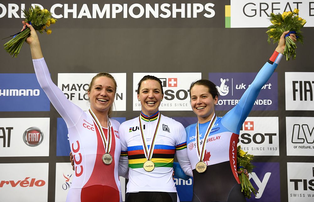 The women's pursuit podium: Malgorzata Wojrtyra (Poland), Rebecca Wisiak (Australia) and Anna Foreman Mackey (Canada)