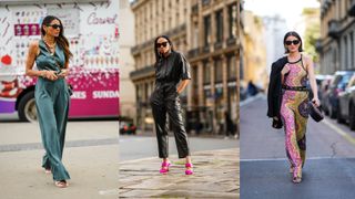 A composite of street style influencers wearing christmas party outfits a jumpsuit