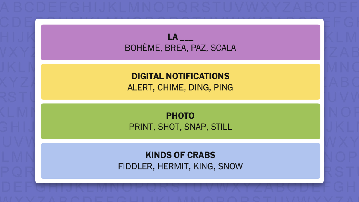 NYT Connections answers for game 1224 on a purple background