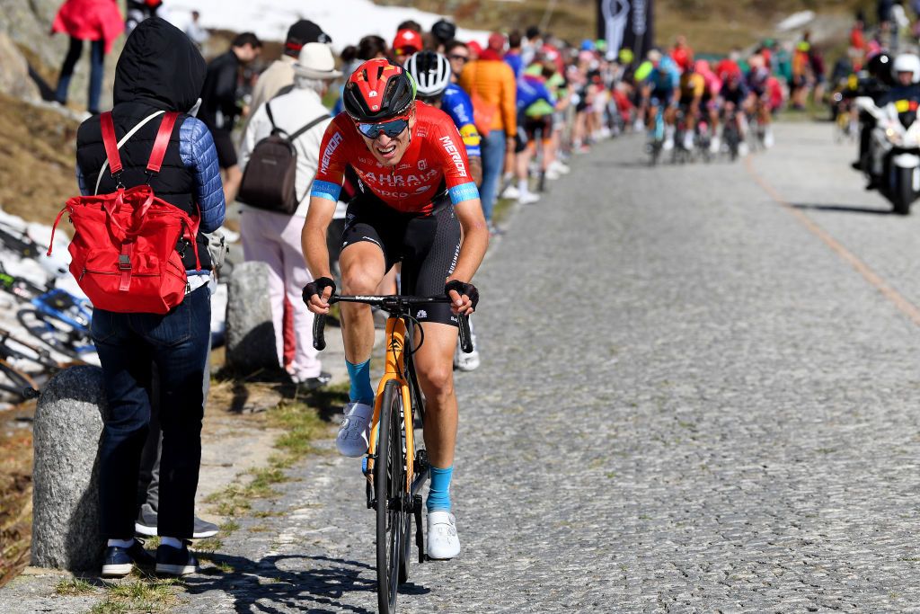 ANDERMATT SWITZERLAND JUNE 13 Gino Mder of Switzerland and Team Bahrain Victorious Mattia Cattaneo of Italy and Team Deceuninck QuickStep attack in breakaway during the 84th Tour de Suisse 2021 Stage 8 a 1595km stage from Andermatt to Andermatt Gotthardpass 2106m Cobblestones UCIworldtour tds tourdesuisse on June 13 2021 in Andermatt Switzerland Photo by Tim de WaeleGetty Images