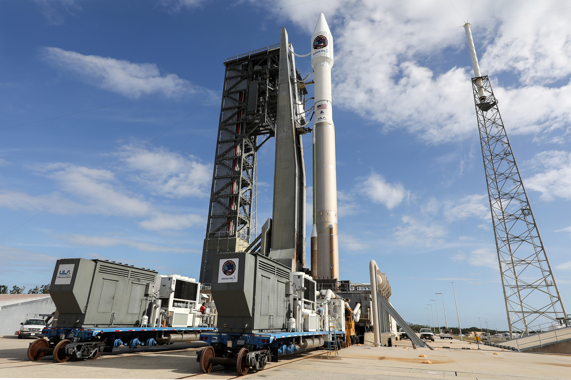 The United Launch Alliance Atlas V rocket carrying the Orbital ATK Cygnus spacecraft S.S. John Glenn rolls out its pad at Cape Canaveral Air Force Station, Florida ahead of a planned April 18, 2017 launch.