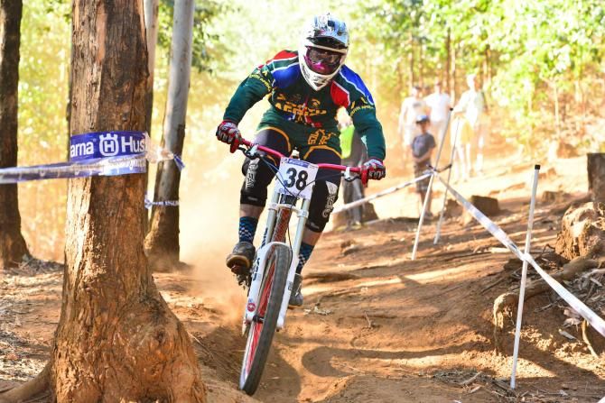 South Africa's Tiaan Odendaal hurtles down the dowhill course on his way to a 23rd position in his first elite men's downhill world championships