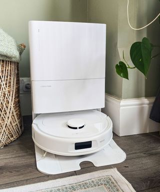 A white robot vacuum in a white base with green walls around it and a basket and plant either side of it