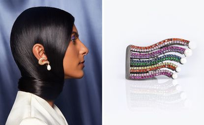Two images, -Left- Model wearing snake earrings, Right- colourful jewellery