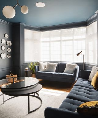 best blue paints, blue living room with blue couches, and painted ceiling, black coffee table, plates on wall
