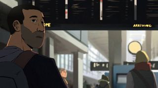 A still from the documentary Flee that shows an animated male character stood at an airport.