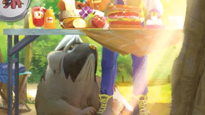 Painted artwork of Mabostiff staring up at a table of sandwiches and condiments from the Pokemon TCG: Scarlet & Violet set (illustrated by Okacheke)