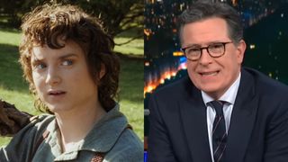Elijah Wood as Frodo looking at Gandalf in The Lord Of The Rings: The Fellowship of the ring. Split image of Stephen Colbert on The Late Show With Stephen Colbert. 
