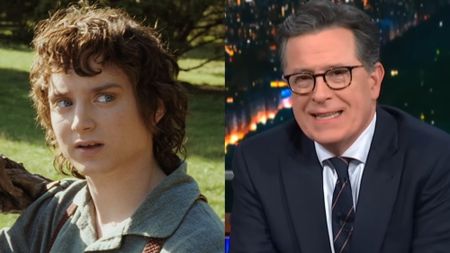 Elijah Wood as Frodo looking at Gandalf in The Lord Of The Rings: The Fellowship of the ring. Split image of Stephen Colbert on The Late Show With Stephen Colbert. 