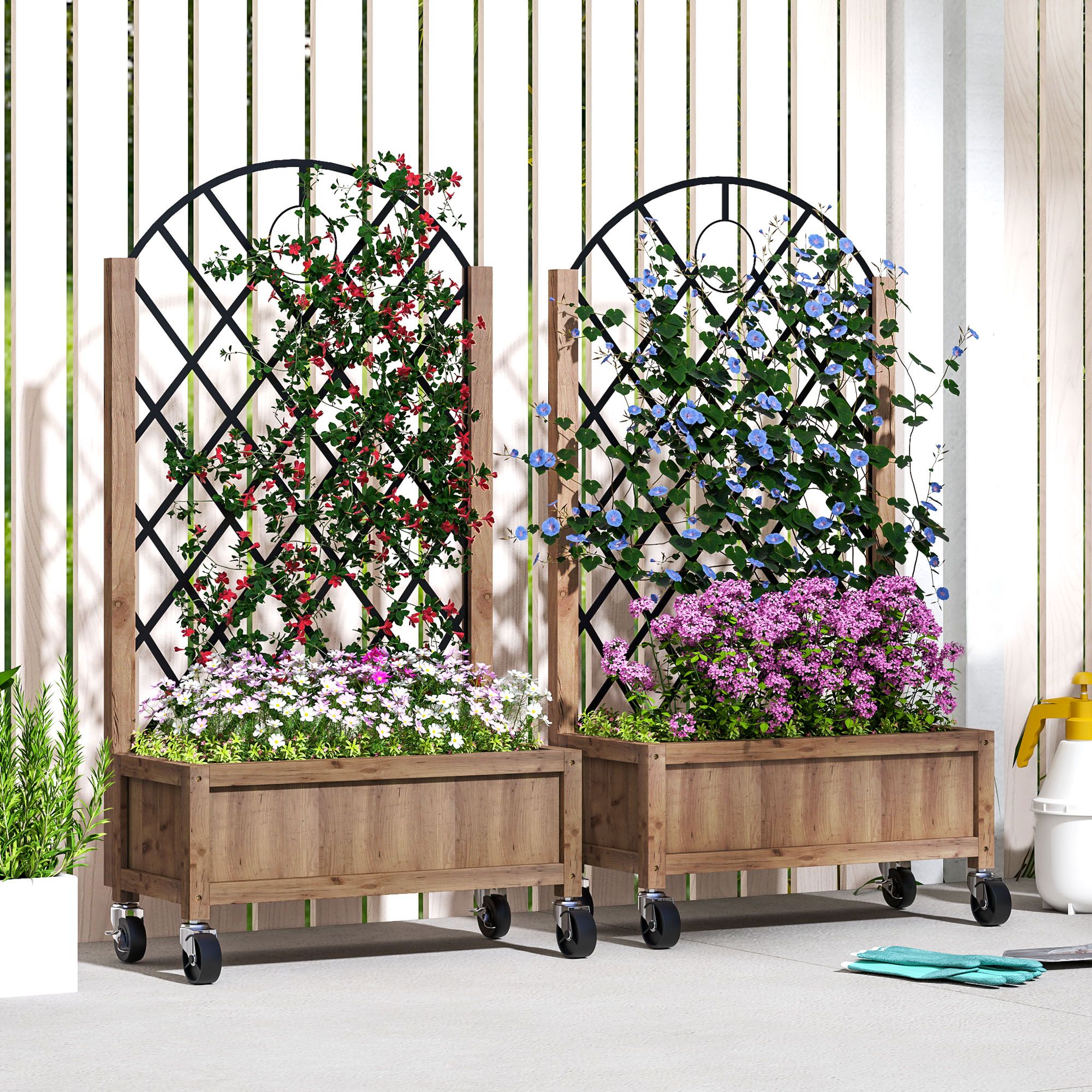 Outsunny Pack of 2 Wooden Raised Bed, Outdoor Planter Box W/ Metal Trellis