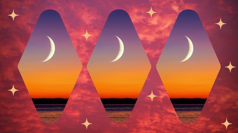 cancer new moon, new moon on sunsets on a pink, starry background