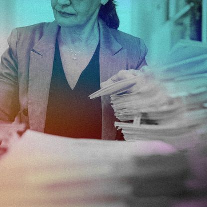 Stylized image of a woman at a desk holding papers, overlaid with pink, blue, and green tones.
