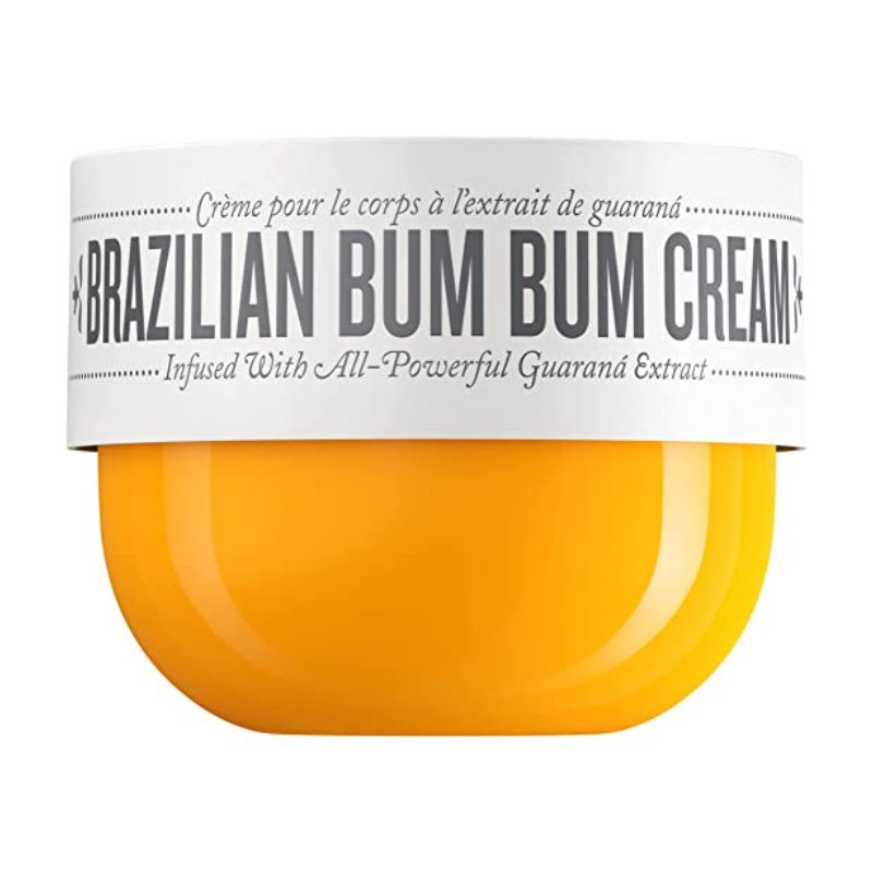 A round orange cream bottle with a white top with the Sol de Janeiro Brazilian Bum Bum Cream name, for Amazon Christmas gift ideas.