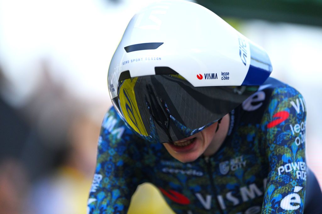 NICE FRANCE JULY 21 Jonas Vingegaard Hansen of Denmark and Team Visma Lease a Bike crosses the finish line during the 111th Tour de France 2024 Stage 21 a 337km individual time trial from Monaco to Nice UCIWT on July 21 2024 in Nice France Photo by Tim de WaeleGetty Images