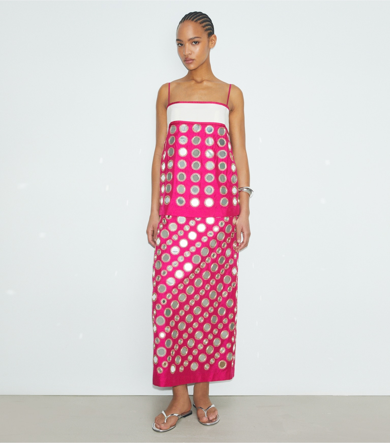 Layered Hand-Done Mirrorwork Dress in Pink, Size 0