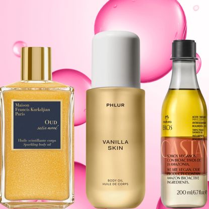 A woman with a high ponytail wearing a white dress, next to three bottles of body oils