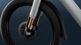 e-bike render, detail of front wheel, on blue background
