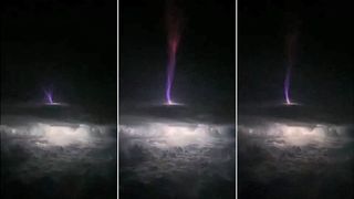 Three sequential photos of a 'gigantic jet' lightning bolt blasting out of the top of a cloud over Oklahoma.