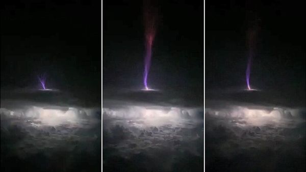 Three sequential photos of a &#039;gigantic jet&#039; lightning bolt blasting out of the top of a cloud over Oklahoma.