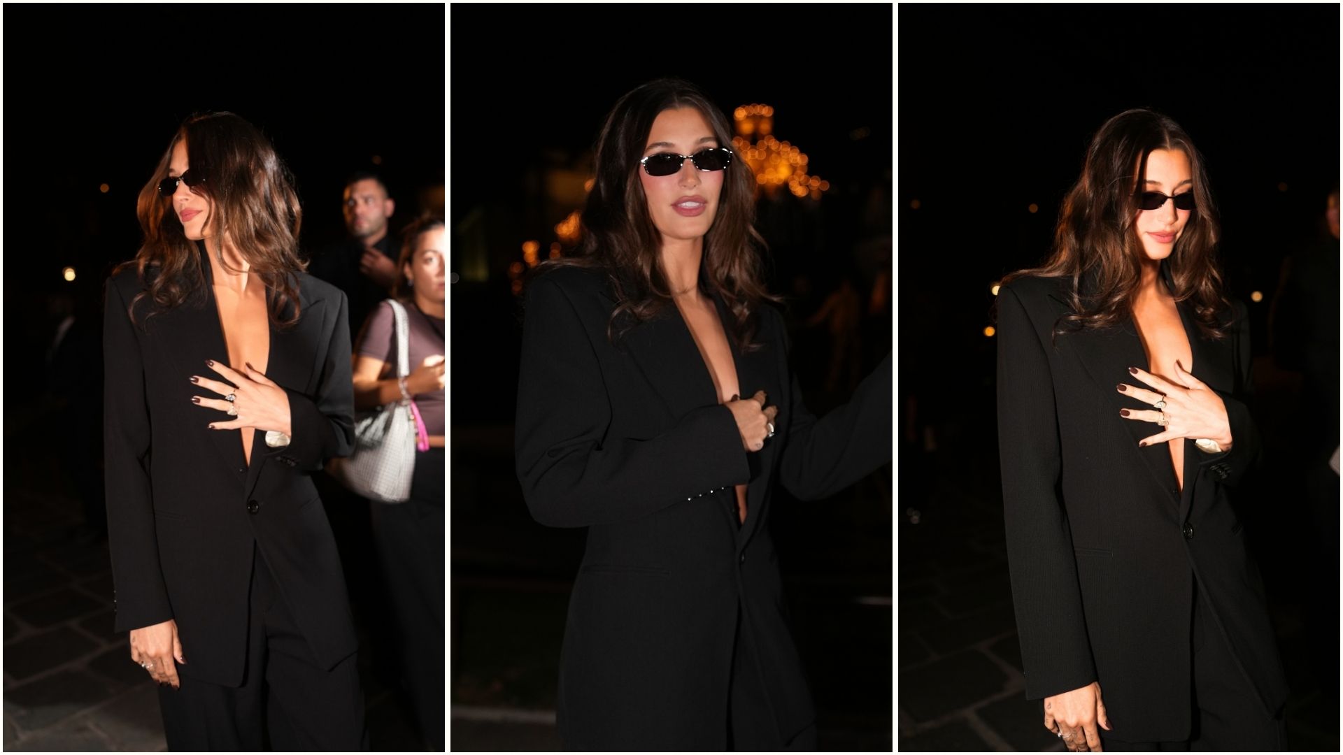 Hailey Bieber at the YSL Spring/Summer 2027 show in Paris with a chocolate brown chrome manicure
