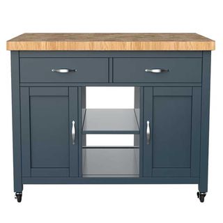 blue kitchen island on wheels with oak worktop