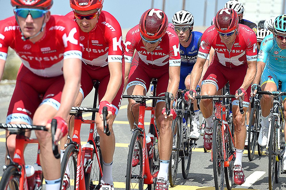 Katusha on the front of stage 2 in Oman.