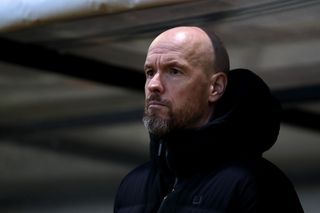 Erik ten Hag, Manager of Manchester United, looks on prior to the Emirates FA Cup Fourth Round match between Newport County and Manchester United at Rodney Parade on January 28, 2024 in Newport, Wales.