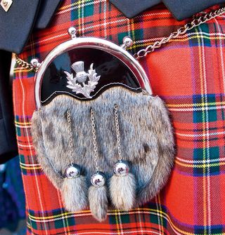 Kilt and fur sporran close up from Halifax shop, Nova Scotia, Canada. Image shot 2009. Exact date unknown.