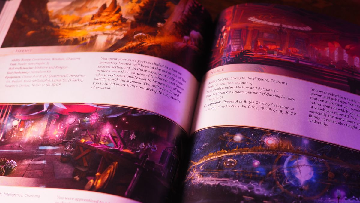 Player&#039;s Handbook, open at the backgrounds section, with artwork displaying a variety of scenes or landscapes alongside text