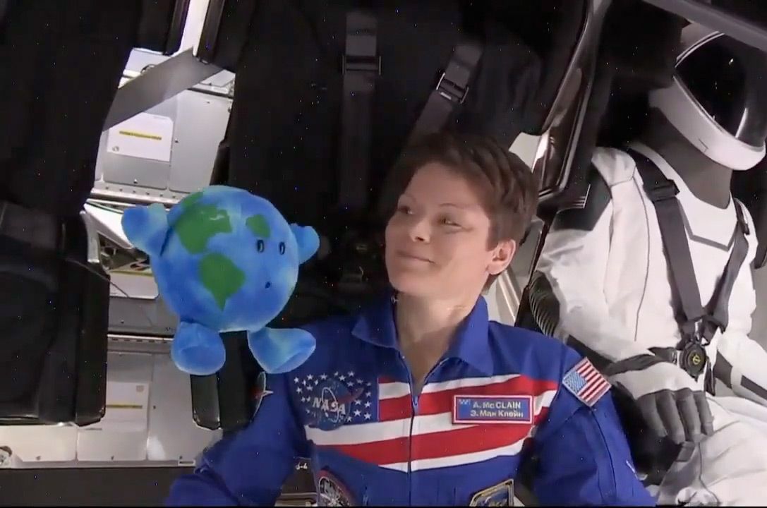 Expedition 58 flight engineer Anne McClain of NASA looks on as a Celestial Buddies&#039; Planetary Pal Earth plush toy floats in zero-g on board SpaceX&#039;s first Crew Dragon spacecraft to dock to the International Space Station on Sunday, March 3, 2019.