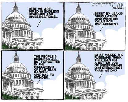 Political cartoon U.S. White House leaks Russia investigation