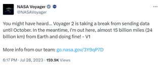 NASA Twitter (X) account sends message pretending to be the Voyager 1 mission.