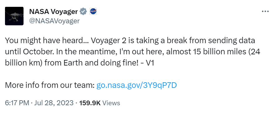 La cuenta de Twitter (X) de la NASA envía un mensaje haciéndose pasar por la misión Voyager 1.