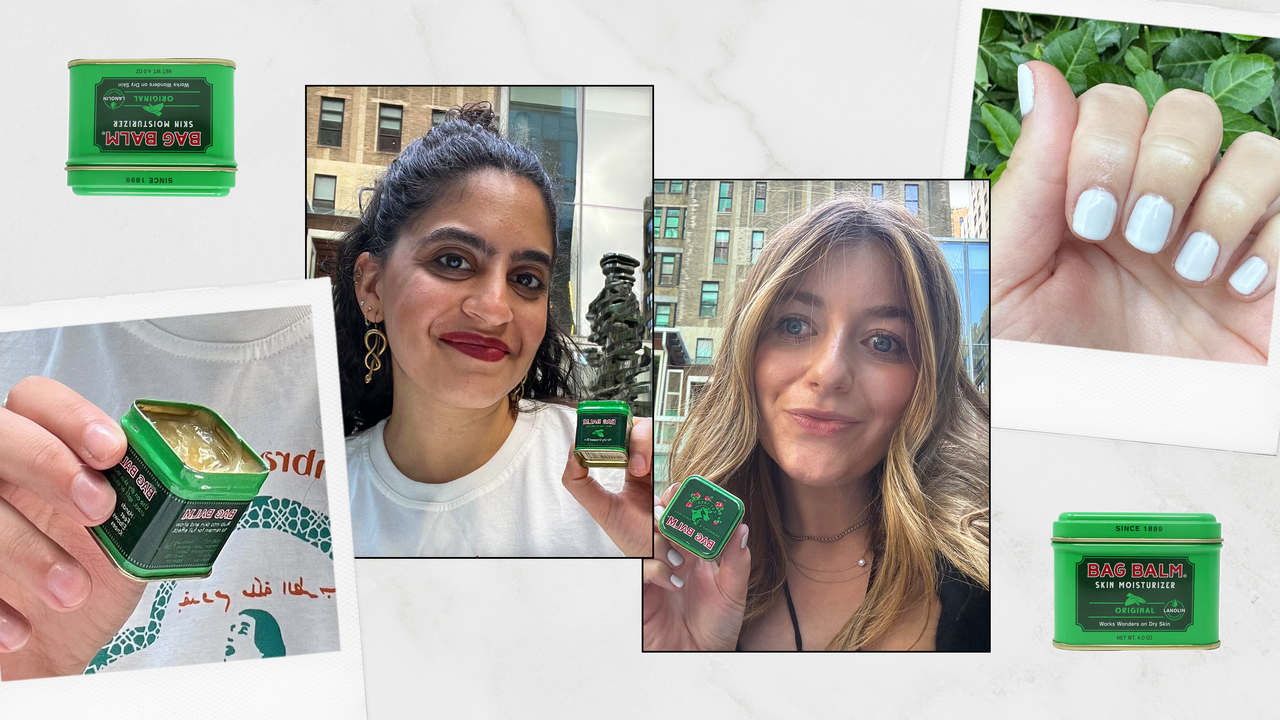 two marie claire editors test and hold up bag balm moisturizer in a collage