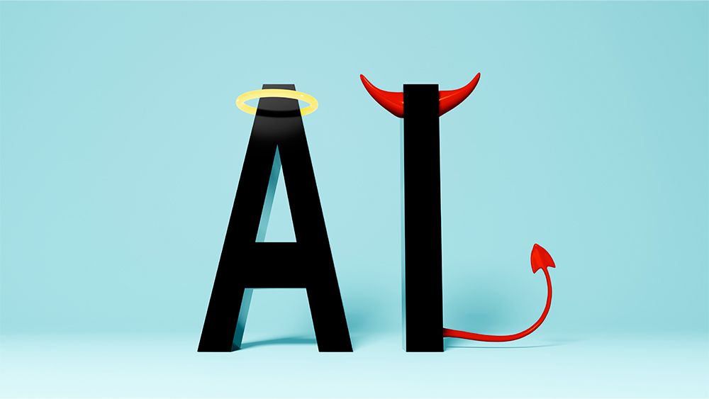 AI written in 3D letters with a halo and a devil&#039;s tail