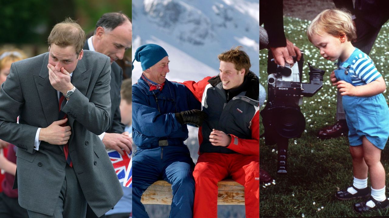 3 pictures of Prince William: L-R: Prince William stifles a sneeze, Prince Charles And Prince William At A Photocall During Their Skiing Holiday, Prince William looking at a TV camera during a photo-call with his parents