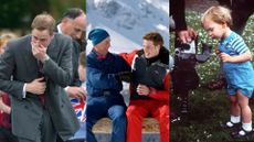 3 pictures of Prince William: L-R: Prince William stifles a sneeze, Prince Charles And Prince William At A Photocall During Their Skiing Holiday, Prince William looking at a TV camera during a photo-call with his parents