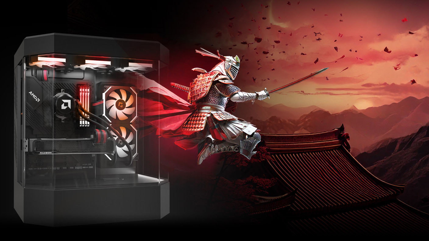An AMD-powered gaming PC and a samurai warrior