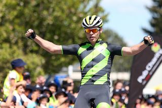 Ayden Toovey celebrating s stage win at the Tour of Southland