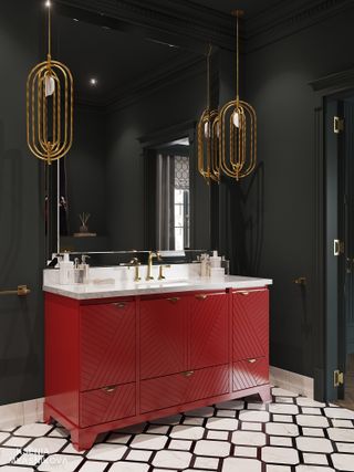 Art Deco hanging mirror lights and red vanity unit in bathroom by DelightFULL