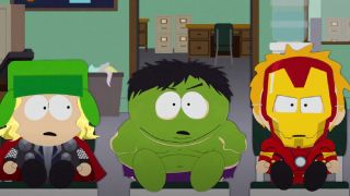 Kenny, Kyle and Cartman in an office in South Park. 