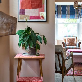 houseplant on red and wooden side table