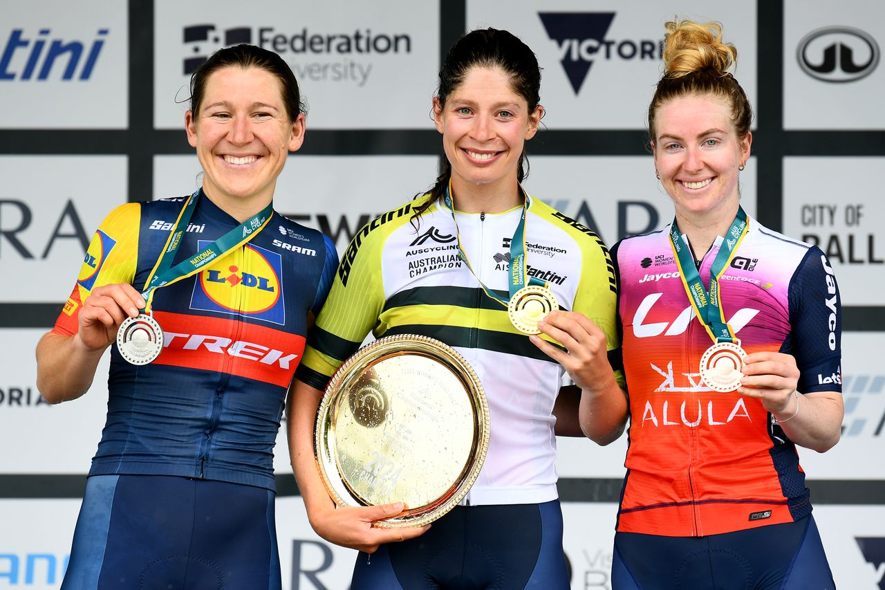 BALLARAT AUSTRALIA JANUARY 07 Silver medalist Lauretta Hanson gold medalist Ruby RosemanGannon and bronze medalist Alexandra Manly pose on the podium during the medal ceremony following the Elite and U23 Womens Road Race as part of the Australian Road National Championships on January 07 2024 in Ballarat Australia Photo by Josh Chadwick