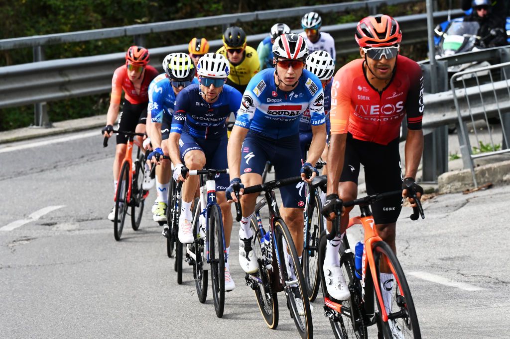 COMO ITALY OCTOBER 12 LR Rudy Molard of France and Team Groupama FDJ Mauri Vansevenant of Belgium and Team Soudal QuickStep and Brandon Smith Rivera of Colombia and Team INEOS Grenadiers compete in the breakaway during the 118th Il Lombardia 2024 a 255km one day race from Bergamo to Como UCIWT on October 12 2024 in Como Italy Photo by Tim de WaeleGetty Images