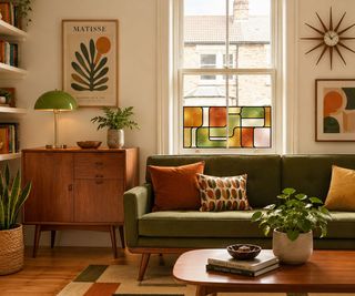 Green velvet sofa with orange cushions, wooden sideboard, stained glass window art, sunburst clock.